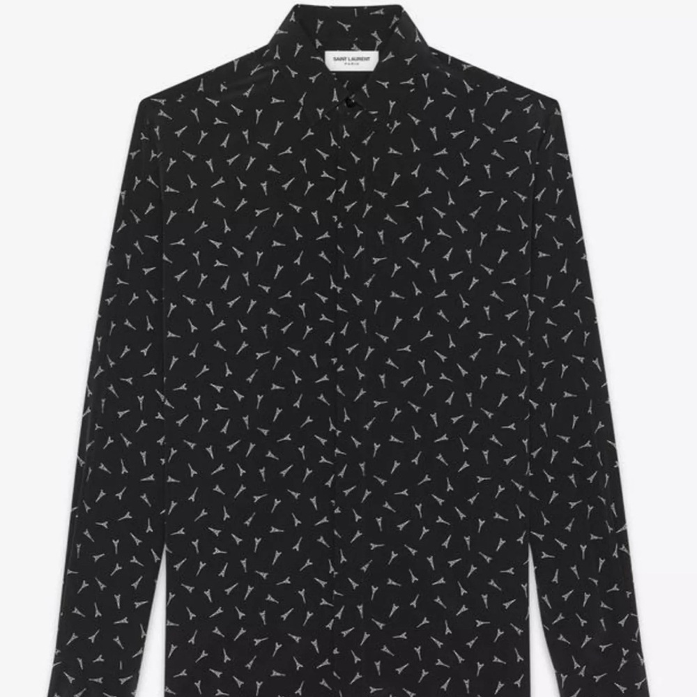 Saint Laurent YSL Black Eiffel Tower Print Silk Button Down Shirt 40 15.75